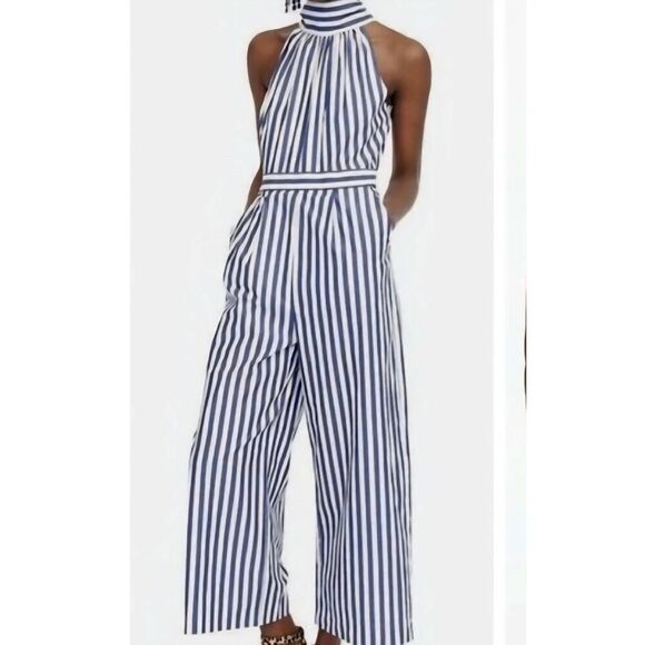 NWT J. Crew Jumpsuit Women's 16 Blue White Striped Halter Wide Leg Cotton Bow - Picture 1 of 7